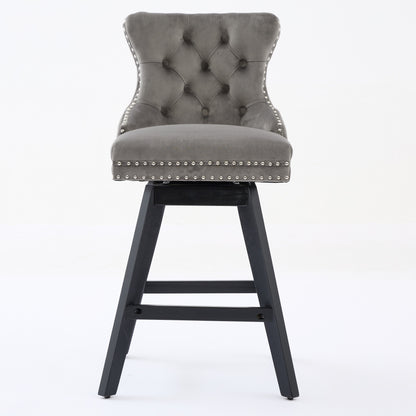 Swivel Velvet Barstools with Button Tufted Decoration and Wooden Legs, and Chrome Nailhead Trim, Leisure Style Bar Chairs,Bar stools, Set of 2 (Gray),SW1860GY image 2