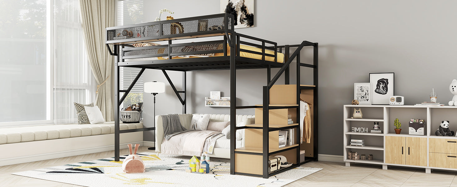 Queen Size Loft Bed with Stairs, Metal Queen Loft Bed with Storage Shelves, High Loft Bed with Wardrobe for Kids Teens Adults, Black(Old SKU W2580S00028) Patent Products image 12