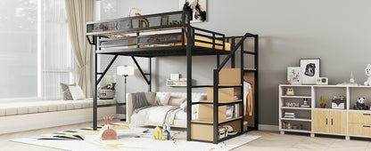 Queen Size Loft Bed with Stairs, Metal Queen Loft Bed with Storage Shelves, High Loft Bed with Wardrobe for Kids Teens Adults, Black(Old SKU W2580S00028) Patent Products image 12