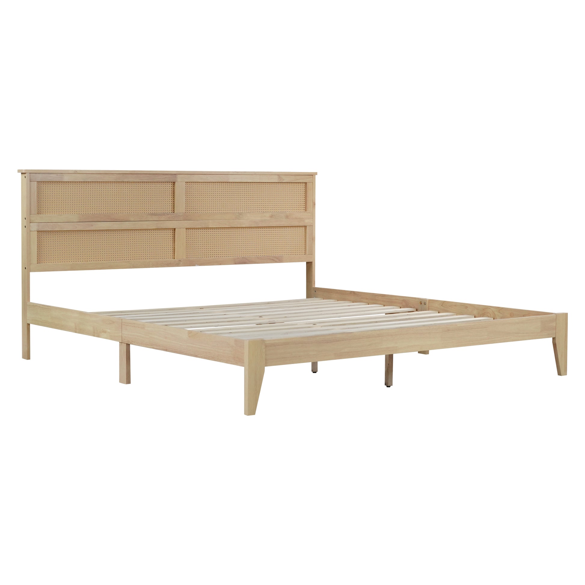 King Size Solid Wood Bed with Rattan Headboard, Rubber Wood Bed with Central Support Beams and Enhanced Feet,Natural image 2