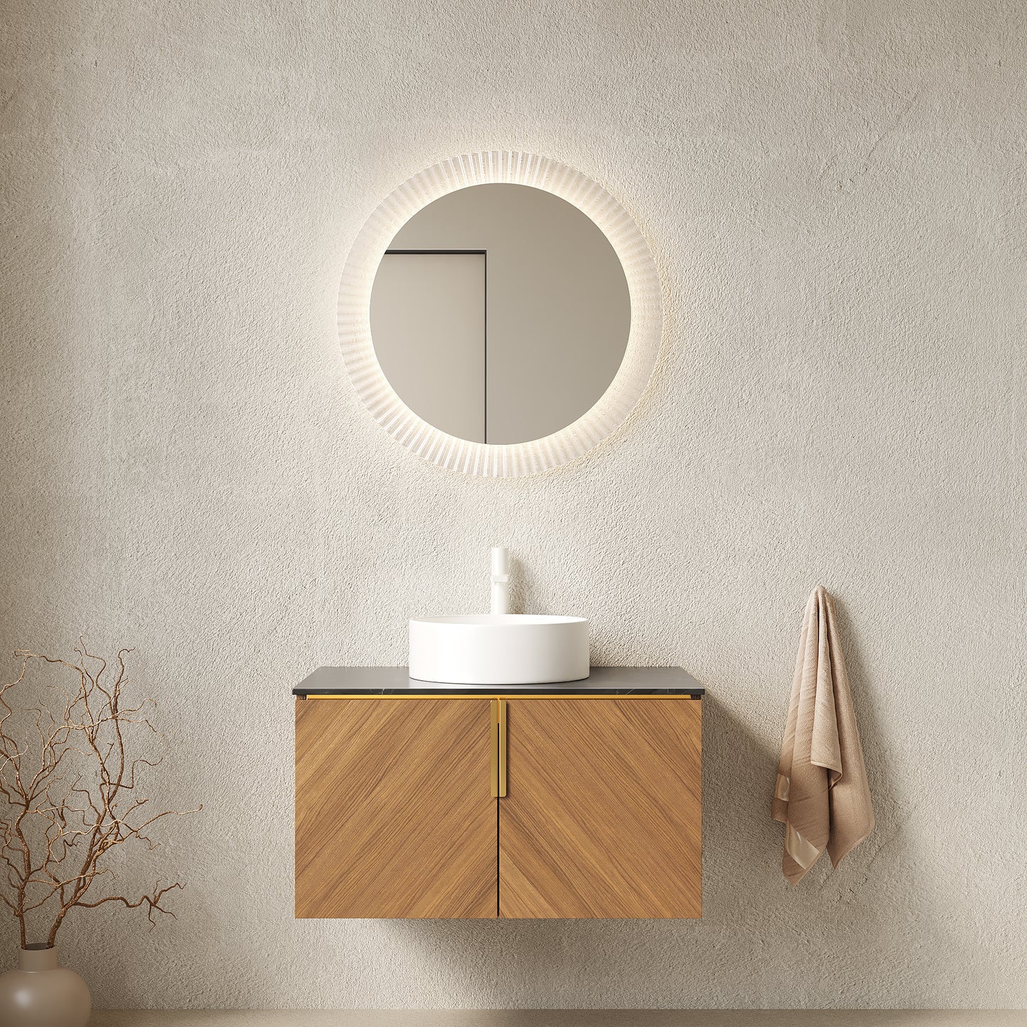 ARAI 30" Bathroom Vanity with Sink, Wall-Mounted Plywood Bathroom Storage Cabinet with Double Doors, Black Sintered Stone Countertop and White Round Ceramic Basin, Brown Oak Woodgrain Color image 1