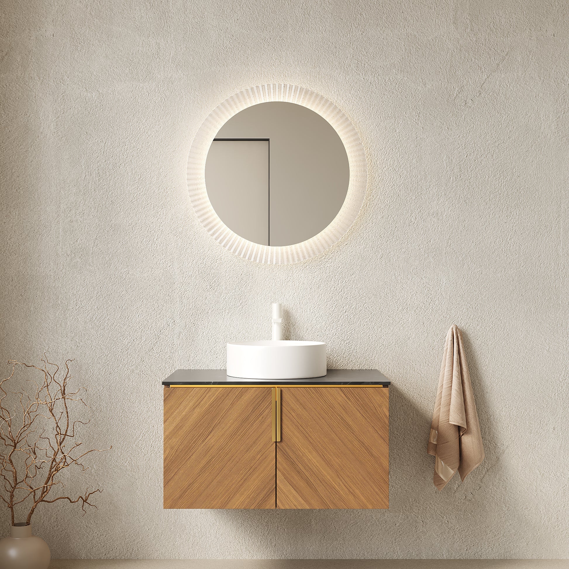 ARAI 30" Bathroom Vanity with Sink, Wall-Mounted Plywood Bathroom Storage Cabinet with Double Doors, Black Sintered Stone Countertop and White Round Ceramic Basin, Brown Oak Woodgrain Color image 1