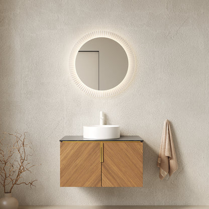 ARAI 30" Bathroom Vanity with Sink, Wall-Mounted Plywood Bathroom Storage Cabinet with Double Doors, Black Sintered Stone Countertop and White Round Ceramic Basin, Brown Oak Woodgrain Color image 1