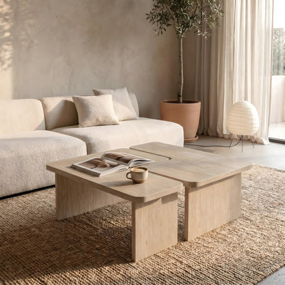 Modular Travertine Coffee Table Set of 2, Nesting L-Shaped Puzzle Center Table, Separable Side Corner Table for Apartment Small Spaces & Living Room,Cream Beige image 8