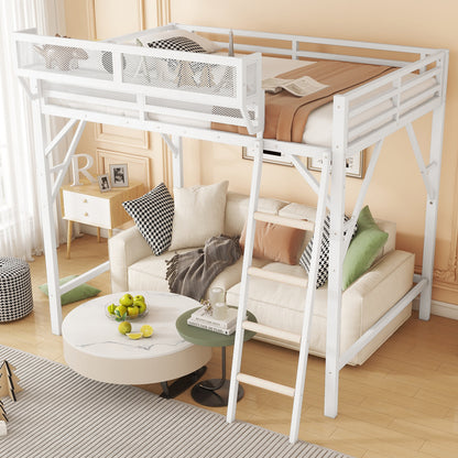 Queen Size Loft Bed with Ladder, Metal Queen Loft Bed with Storage Shelves, High Loft Bed for Kids Teens, White(Expect Arrival Date 2025/12/3 Old SKU W2580P351278) image 3