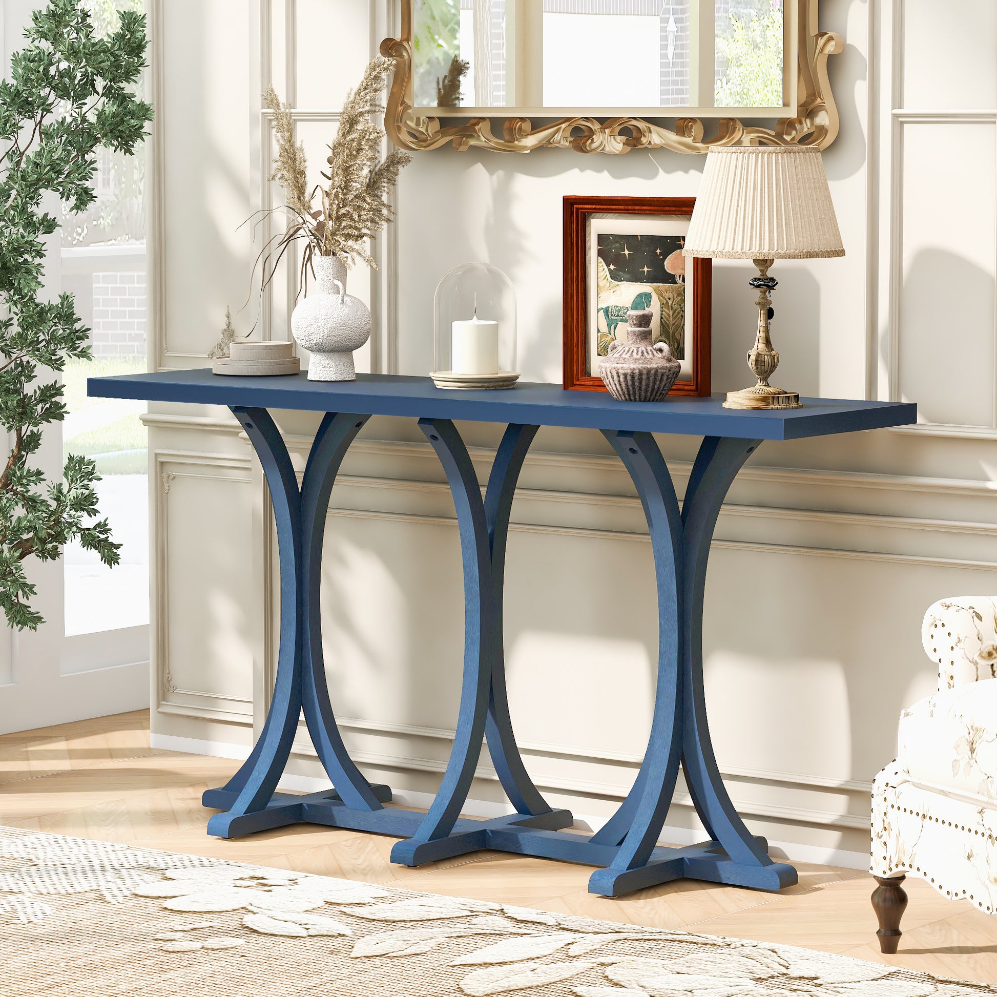 U-Style 59.8'' Wooden Console Table with Oak Veneer Top,Farmhouse Entryway Table with Rubber Wood Slender Curved Legs,Perfect for Living Room,Entryway,Hallway, Dining Spaces. image 2