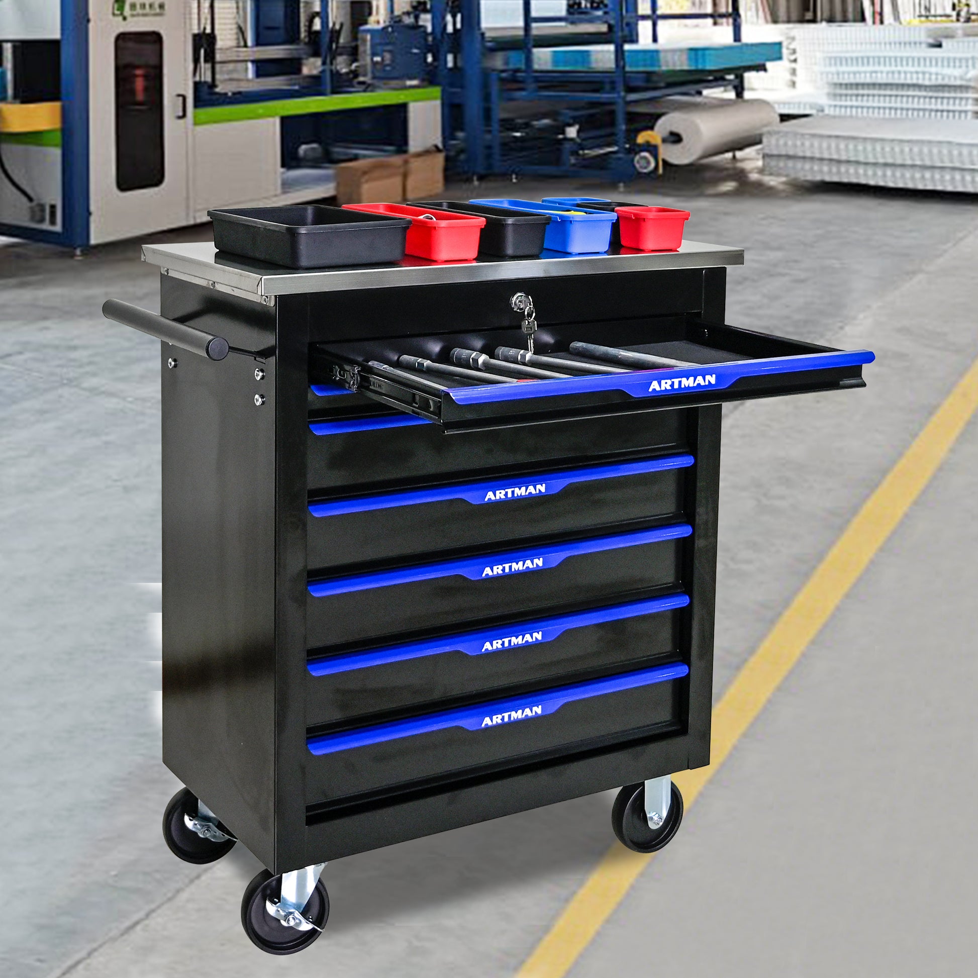 7 DRAWERS MULTIFUNCTIONAL TOOL CART WITH WHEELS-BLACK&BLUE image 10