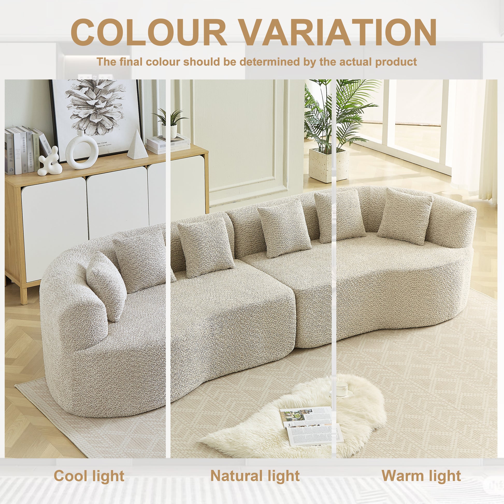 Curved Sectional Sofa, 111.5-inch Oversized Modern Bone-Free Cloud Sofa with 6 Pillows Luxury Chenille Four-Seater Memory Foam Sofa with Deep Seat Design, Light khaki W3505P355582 image 4