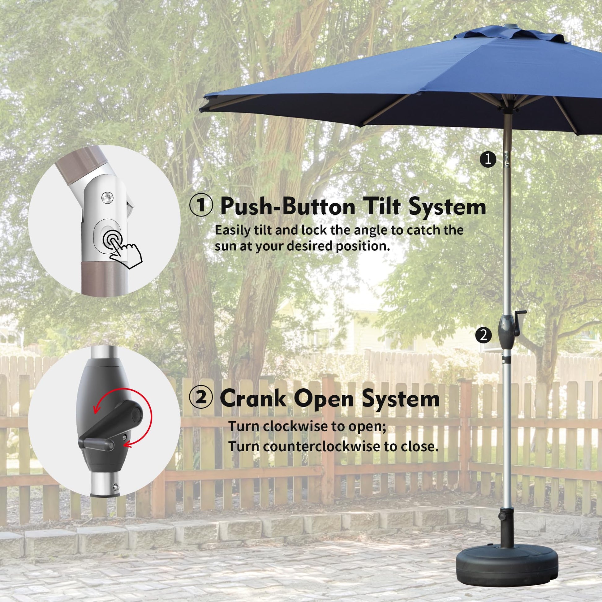 10FT Patio Umbrella, Outdoor Table Umbrella with Push Button Tilt and Crank, UV Protection Waterproof Market Sun Umbrella with 8 Sturdy Ribs for Garden, Backyard, Pool (Navy Blue) - Base Not Include image 4