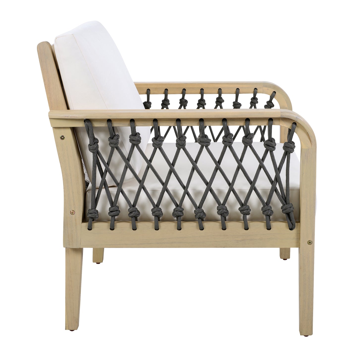 4-Piece Acacia Wood Outdoor Patio Furniture Set, All-Weather Conversation Sofa Set with Rope Woven Armrests, Removable Cushions for Backyard Garden,Light teak+Dark grey rope+Cream cushion image 10