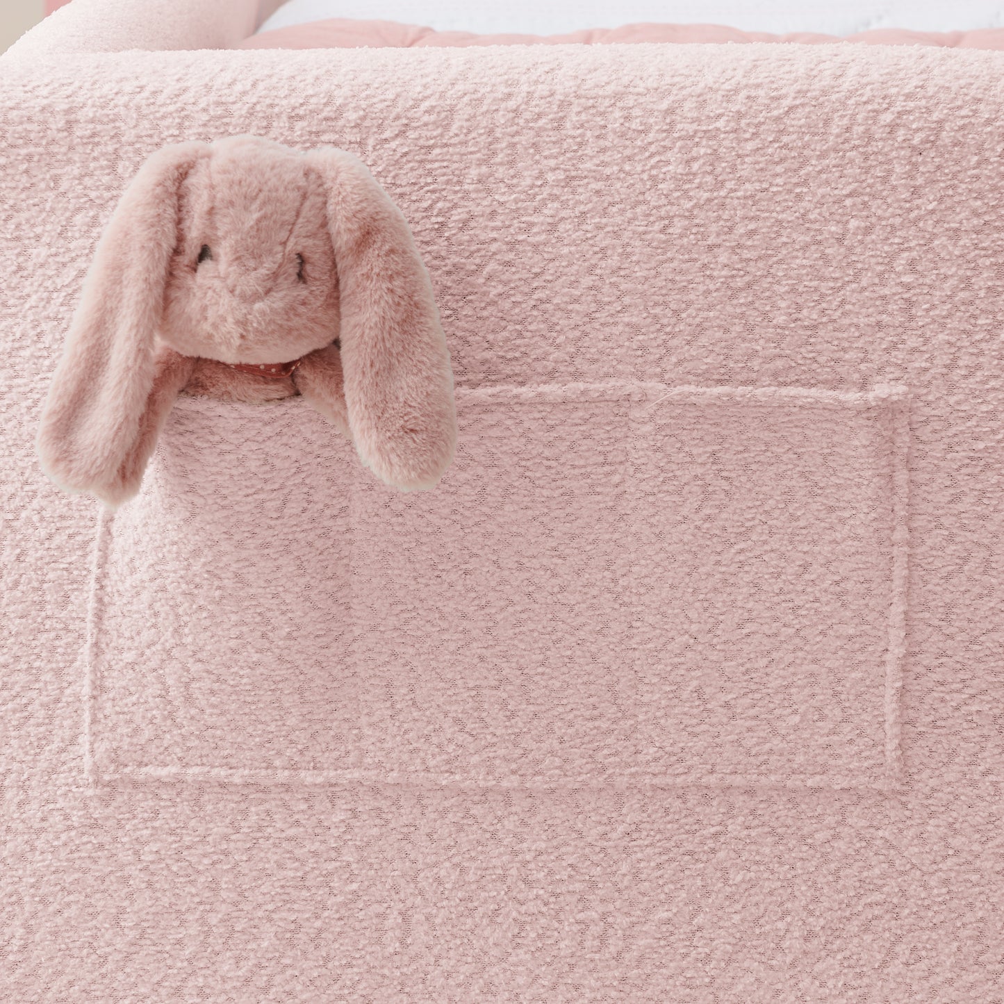 Twin Size Upholstered Platform Bed with Cute Rabbit Ear Shaped Headboard, with Safety Rail and Pocket, Boucle Fabric, Pink image 9