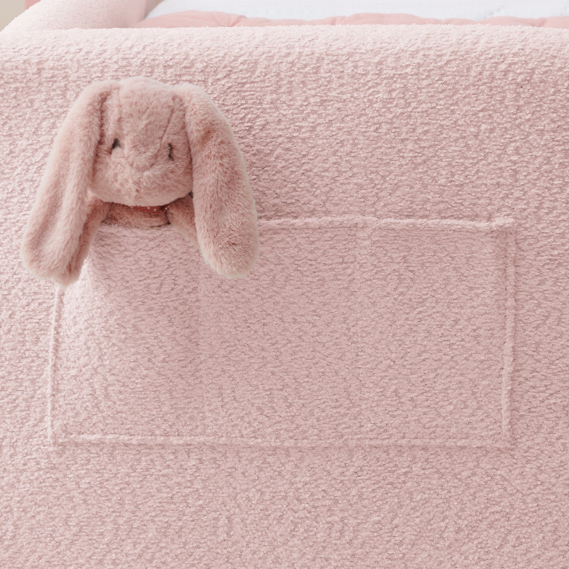 Twin Size Upholstered Platform Bed with Cute Rabbit Ear Shaped Headboard, with Safety Rail and Pocket, Boucle Fabric, Pink image 9