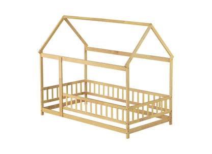 Twin Size House Floor Wooden Bed with Roof Frame,Safety Guardrails,Natural (Old Sku W504P286404) image 10