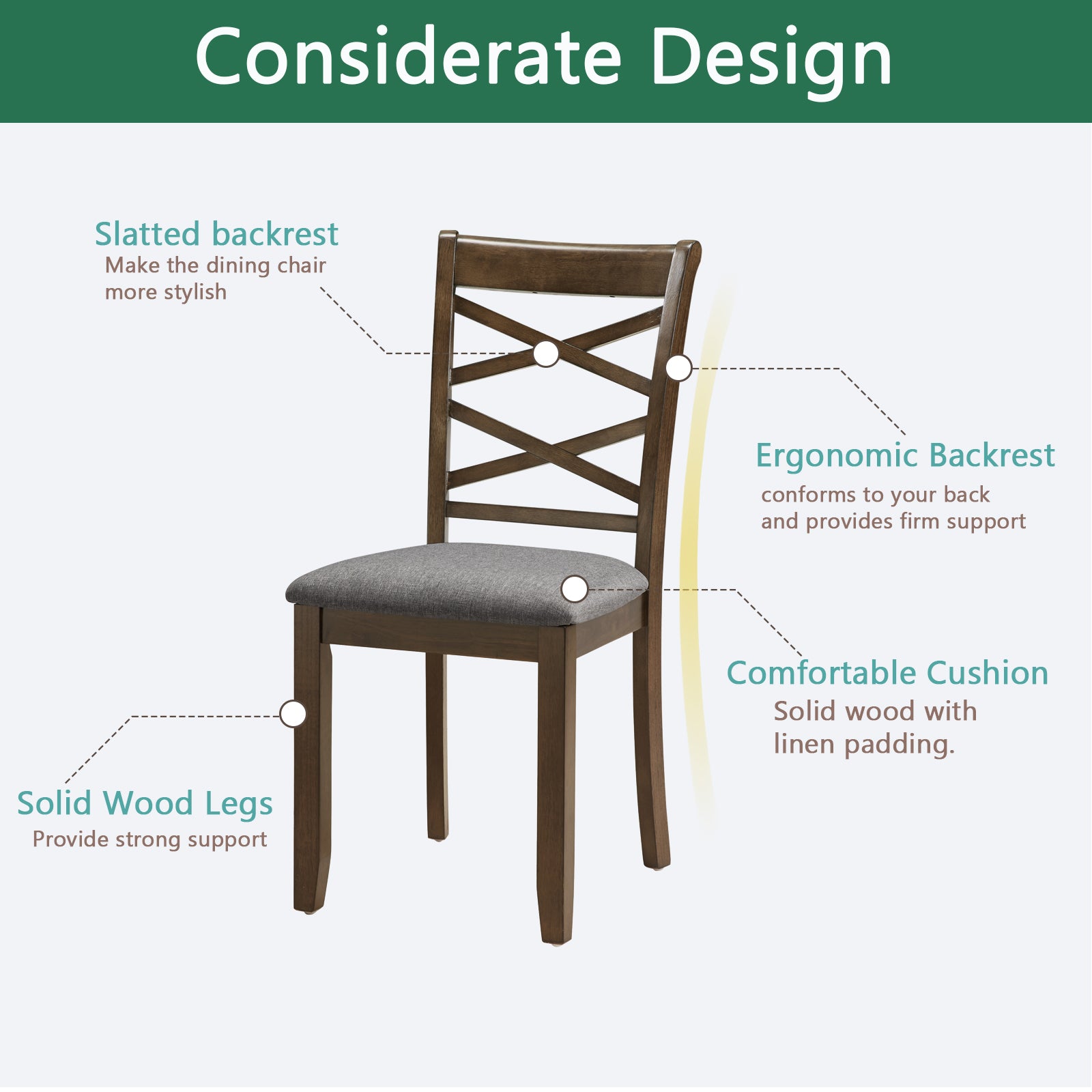 Dining Chairs Only, Wooden Dining Chairs Set of 4, Kitchen Chair with Padded Seat, Upholstered Side Chair for Dining Room, Living Room, Walnut image 5