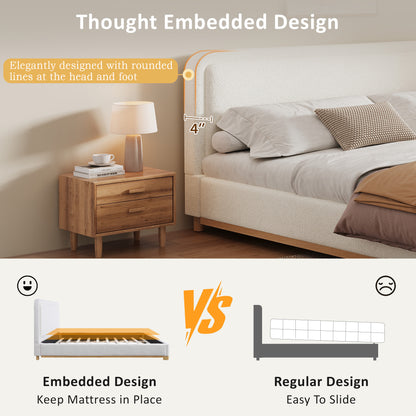 King Size Bed Frame With Boucle Upholstered Curved Headboard, Solid Wood Base And Legs, White image 5