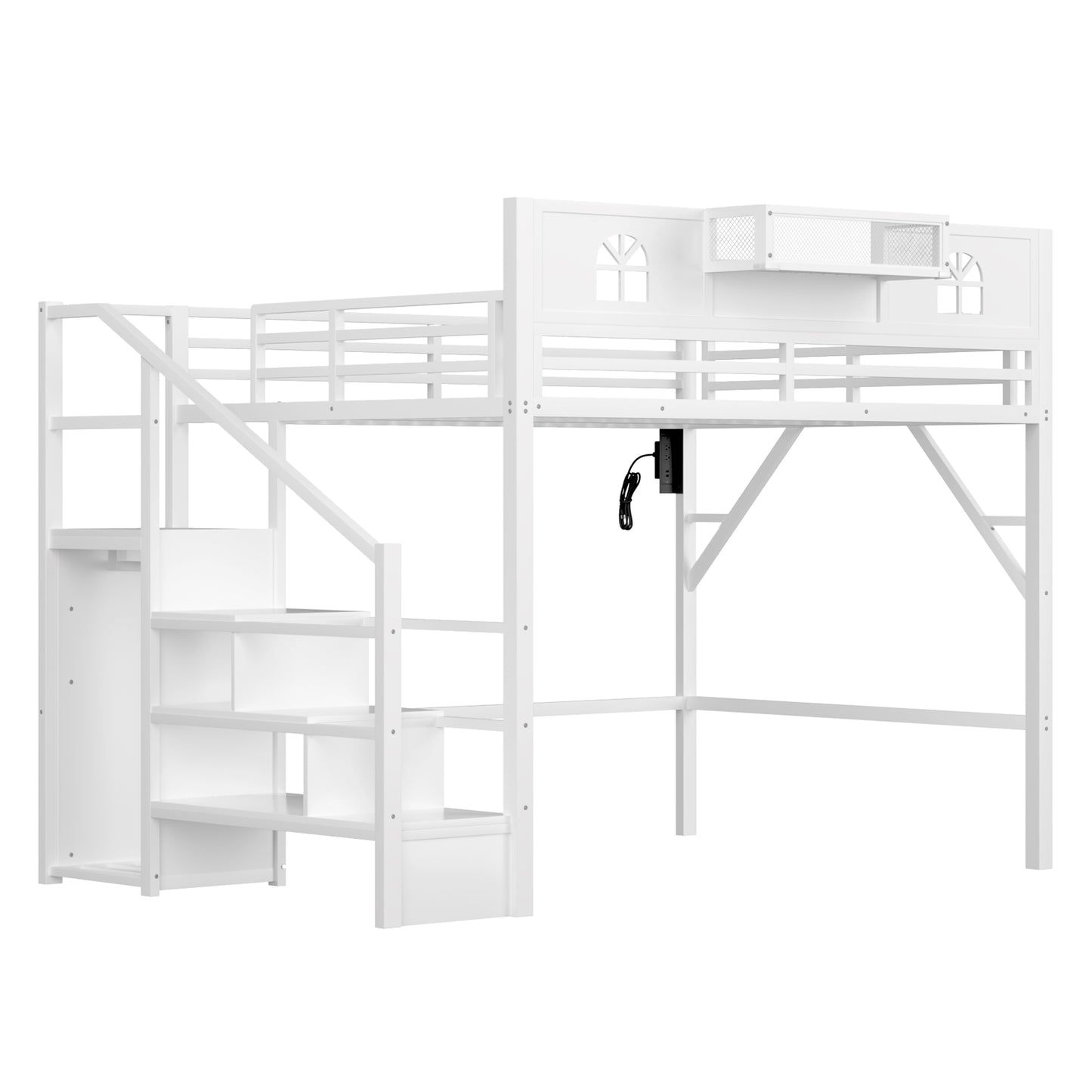 Queen Size Loft Bed with Stairs, Metal Queen Loft Bed with High and House Shaped Guardrails, High Loft Bed with Wardrobe for Kids Teens, White (Old SKU W2593S00038 Expect Arrival Date2026/3/7) image 10