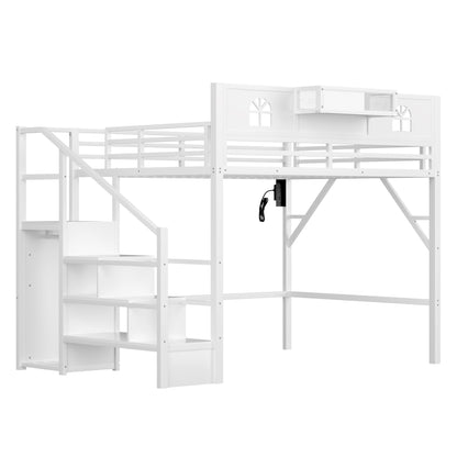 Queen Size Loft Bed with Stairs, Metal Queen Loft Bed with High and House Shaped Guardrails, High Loft Bed with Wardrobe for Kids Teens, White (Old SKU W2593S00038 Expect Arrival Date2026/3/7) image 10