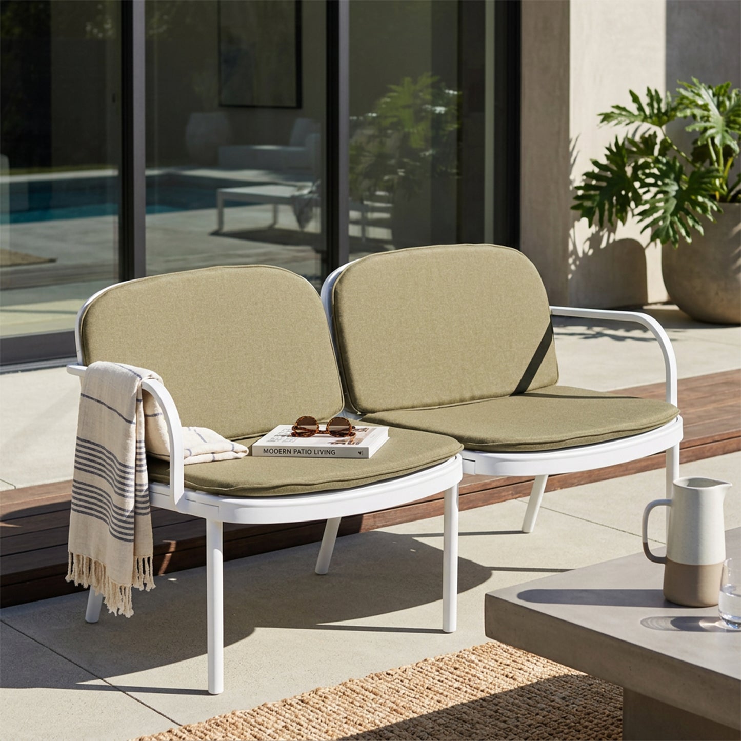 Luna Outdoor Patio PP Loveseat, White Frame with Green Cushion image 2