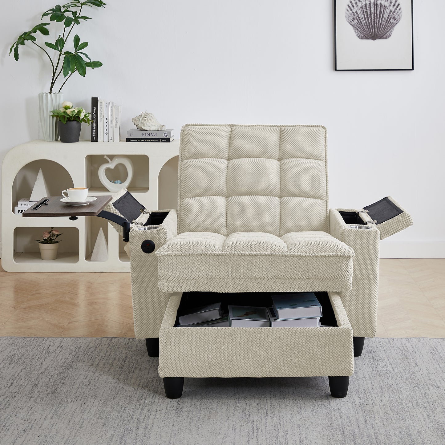 Beige Chaise Lounge Sofa,Sleeper Chair Bed with 6-Position Adjustable Backrest,USB Ports, Cup Holder and Swivel Side Table image 2