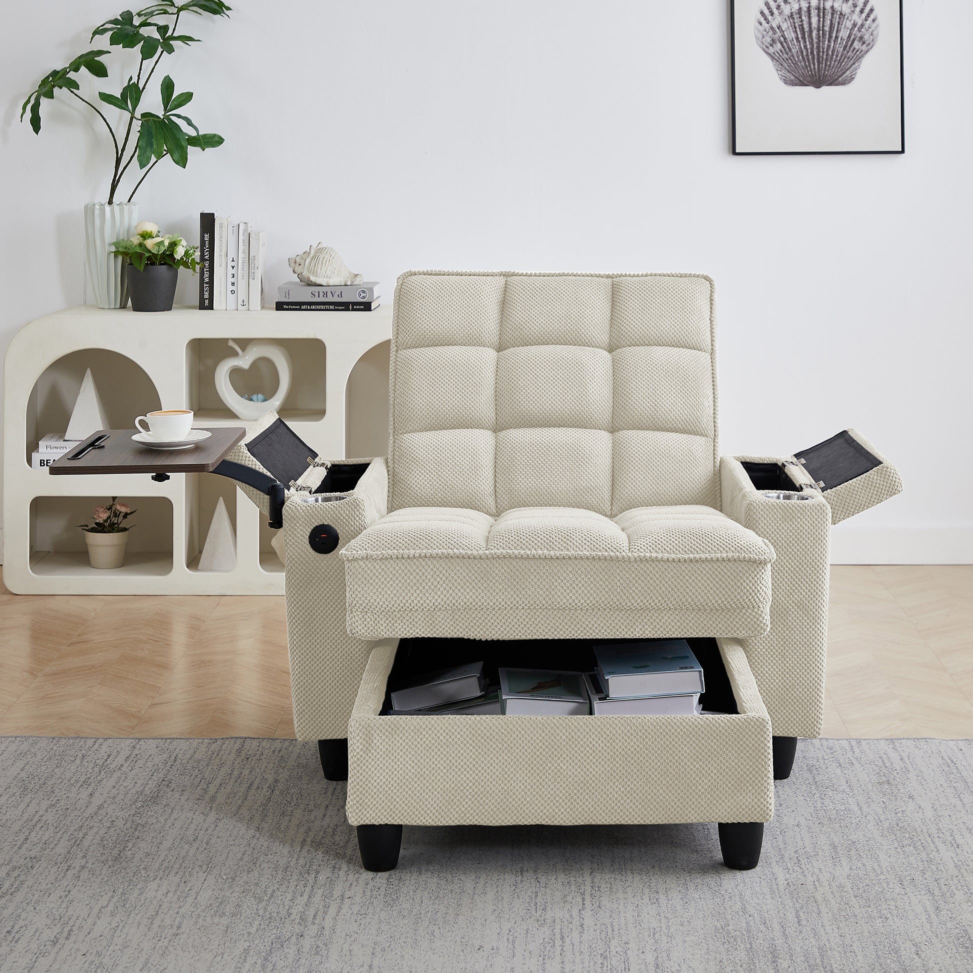 Beige Chaise Lounge Sofa,Sleeper Chair Bed with 6-Position Adjustable Backrest,USB Ports, Cup Holder and Swivel Side Table image 2