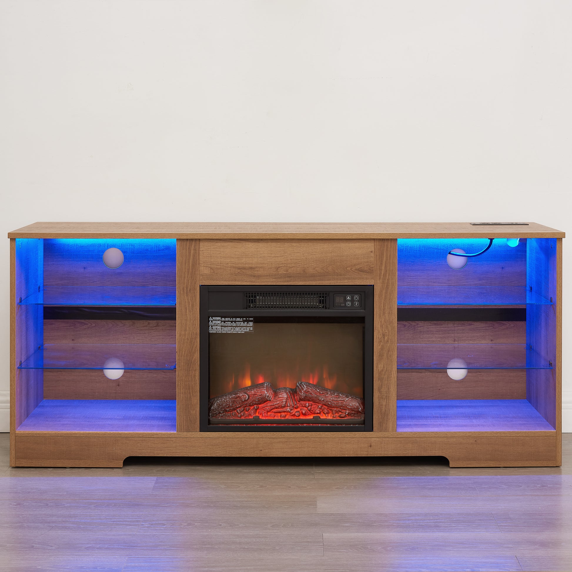 TV Stand Electric Fireplace TV Stand with Glass Shelves, 3D Fireplace TV Stand with LED Lights Wood with USB Charging Outlet Modern Television Table Center for TV up to 32-62" OAK 58'W*15.4''D*24.6 image 12
