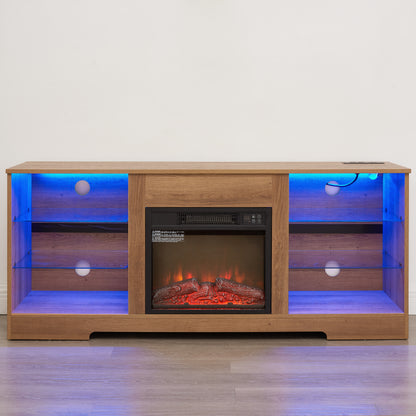 TV Stand Electric Fireplace TV Stand with Glass Shelves, 3D Fireplace TV Stand with LED Lights Wood with USB Charging Outlet Modern Television Table Center for TV up to 32-62" OAK 58'W*15.4''D*24.6 image 12