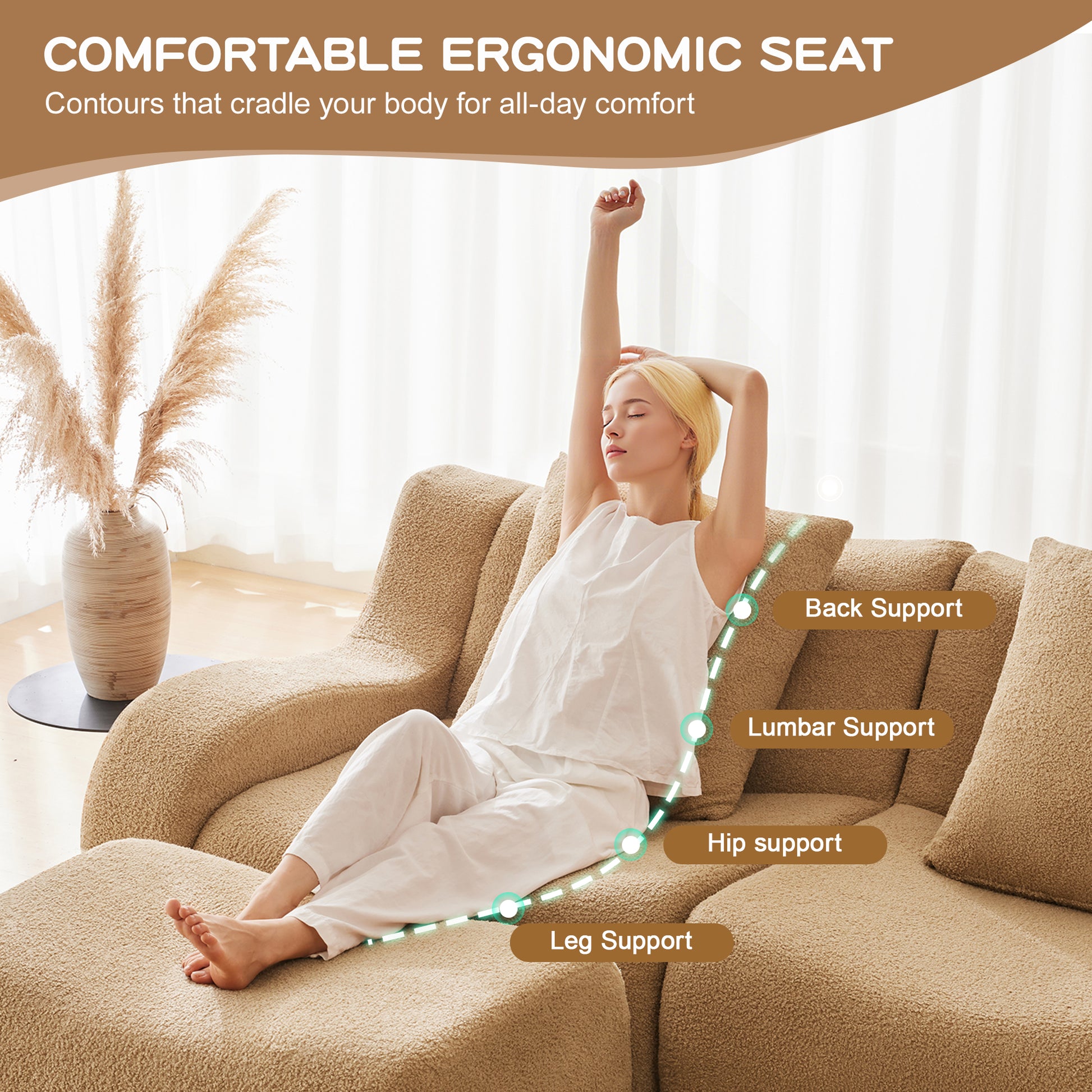 U-shaped Soft Teddy Fabric Boneless Sofa, Assembly Chaise,No Assembly Required Curved Armrest,Anti-Slip Design 32D High Density Sponge Streamlined Design,Fits Living Rooms Reading Nook,Camel image 7