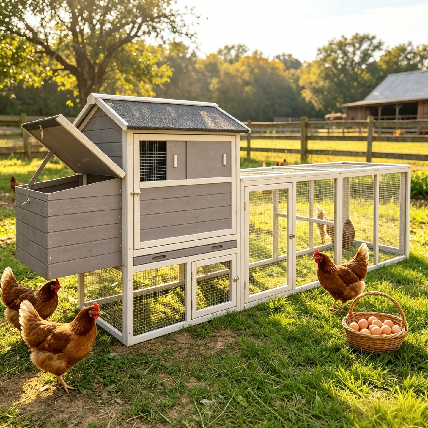 large main house, Gray Wooden Chicken Coop, Large Outdoor Hen House with Run and Nesting Box Poultry Cage, Rabbit Hutch, Waterproof Anti-UV Panel for Backyard image 1
