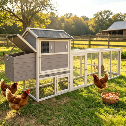large main house, Gray Wooden Chicken Coop, Large Outdoor Hen House with Run and Nesting Box Poultry Cage, Rabbit Hutch, Waterproof Anti-UV Panel for Backyard image 1