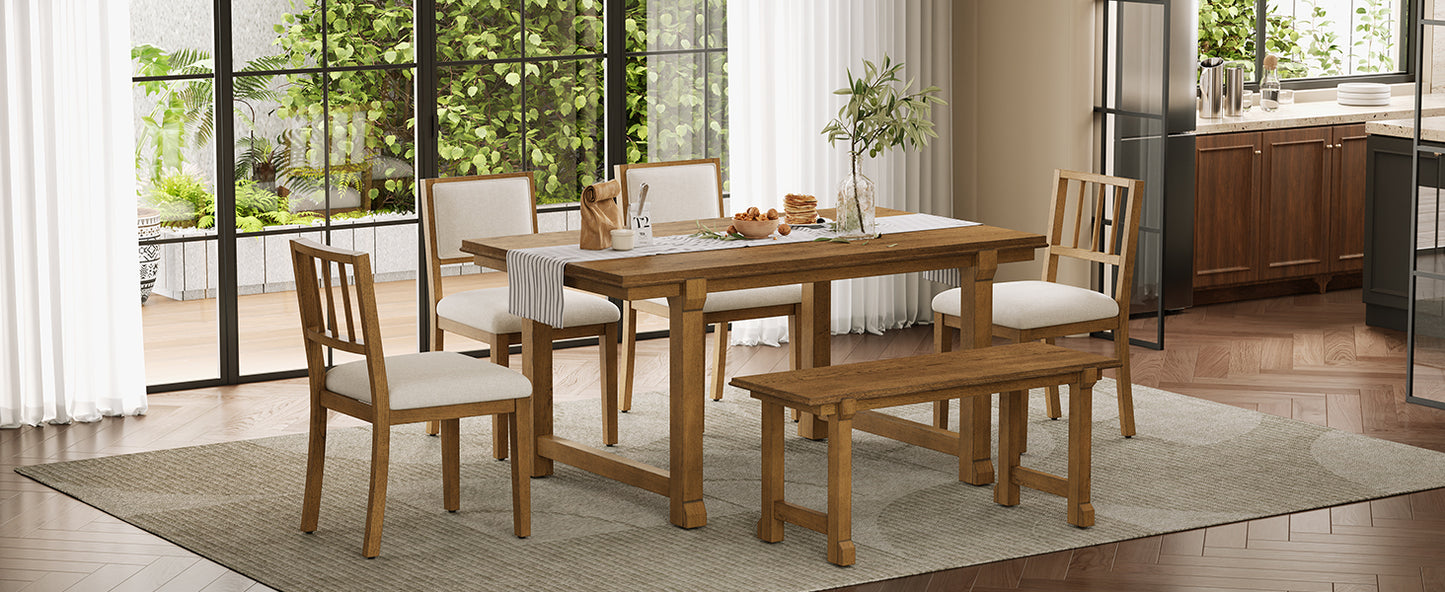 TREXM 6-Piece Farmhouse Dining Set for 6, Kitchen & Dining Room Sets with Solid Wood Legs and Frame, Ergonomic Dual-Style Chairs, Ideal for Kitchen & Dining Room (Walnut+ Beige) image 5