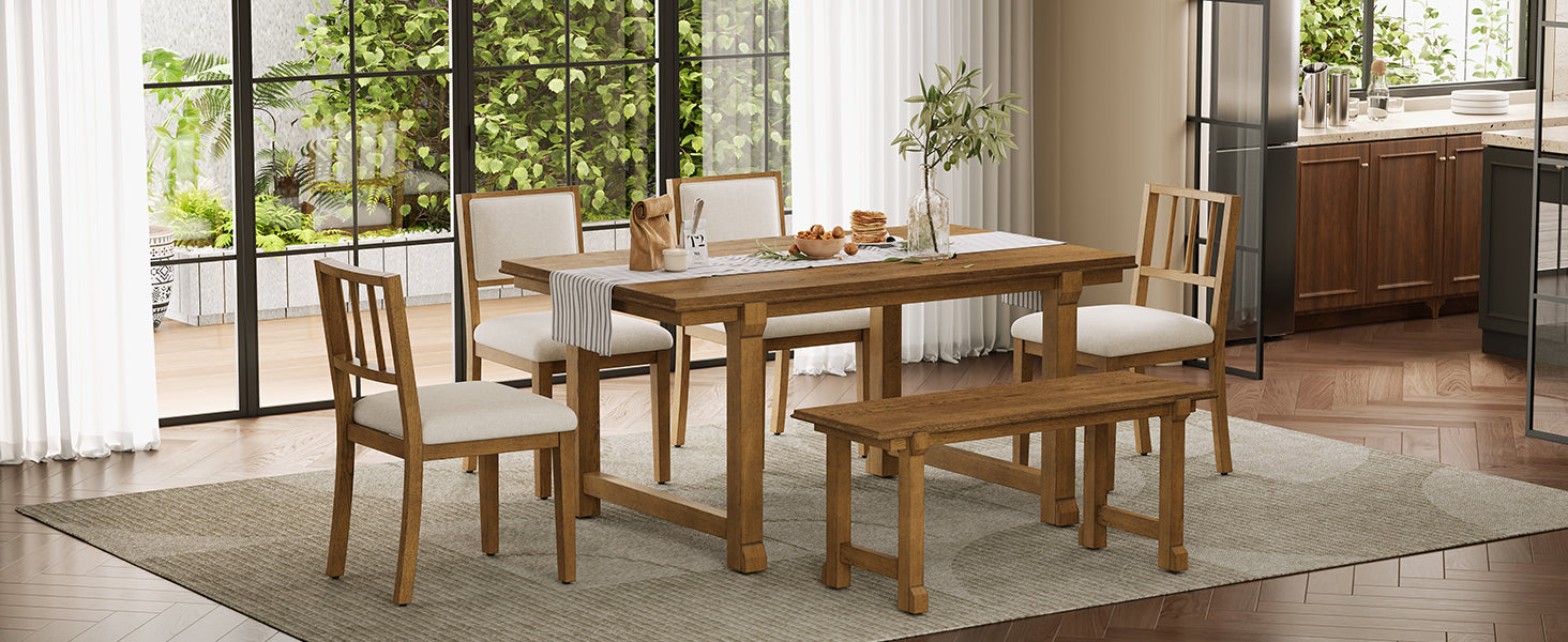 TREXM 6-Piece Farmhouse Dining Set for 6, Kitchen & Dining Room Sets with Solid Wood Legs and Frame, Ergonomic Dual-Style Chairs, Ideal for Kitchen & Dining Room (Walnut+ Beige) image 5