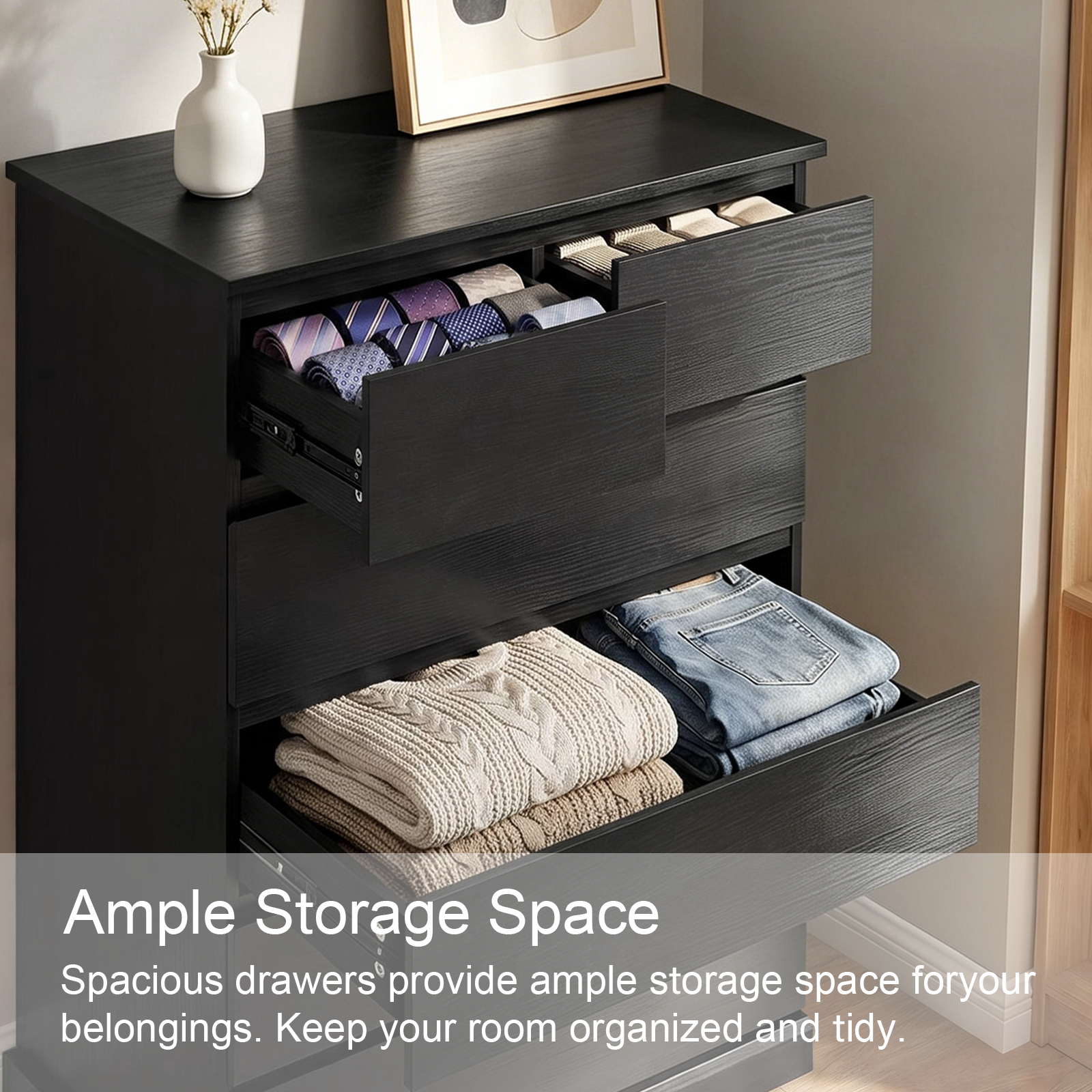 6 Drawers Dresser for Bedroom, Tall Dresser for Bedroom, Modern Chest of Drawers with Concealed Handles, Vertical Wood Storage Cabinet for Bedroom, Living Room, Entryway, Black image 7