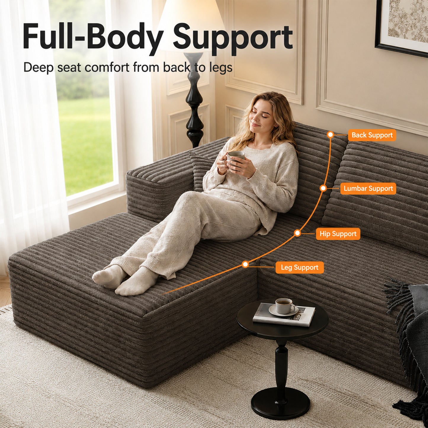 105.1-inch modern Coffee corduroy L-shaped 7-shaped sofa with left side lounge chair, pure sponge compressed cloud sofa, suitable for living rooms, apartments, tool free assembly. image 5