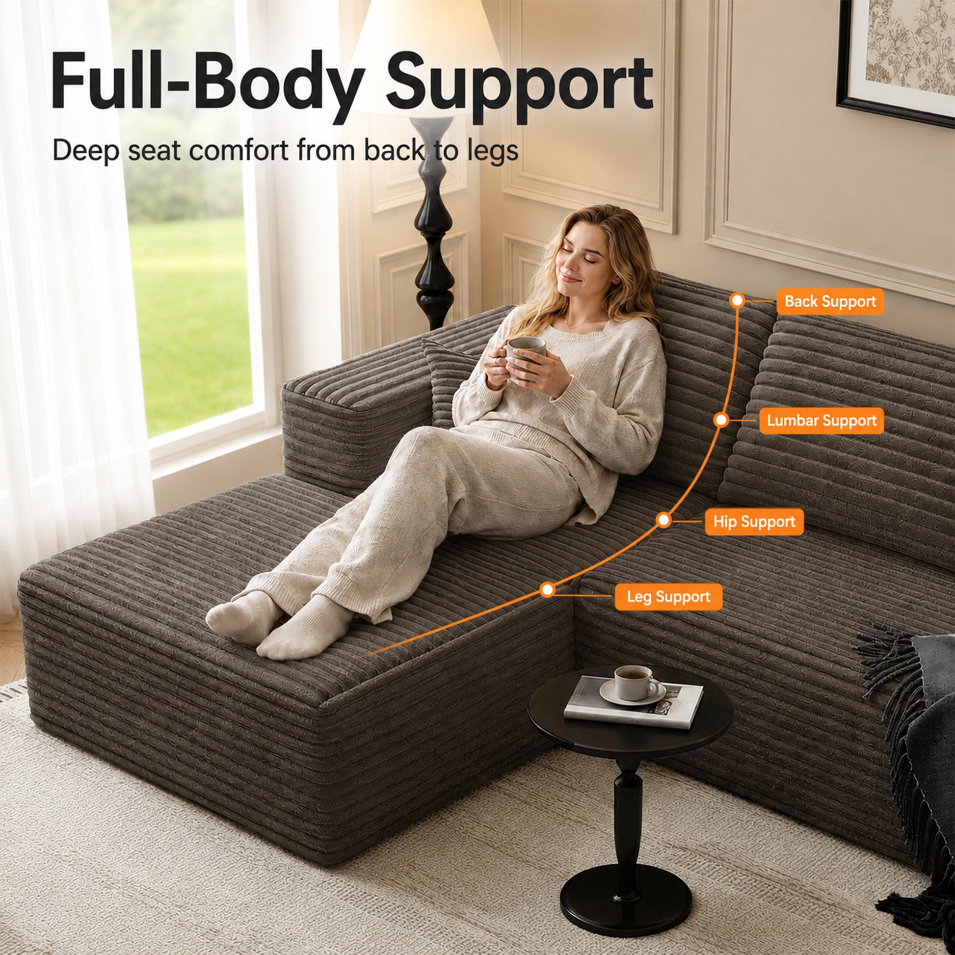 105.1-inch modern Coffee corduroy L-shaped 7-shaped sofa with left side lounge chair, pure sponge compressed cloud sofa, suitable for living rooms, apartments, tool free assembly. image 5