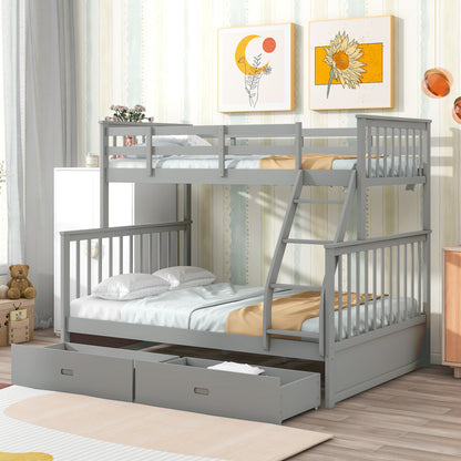 Twin Over Full Bunk Bed with Storage Drawers, Wooden Bunk Bed with Ladder and Safety Guard Rails –Gray image 2