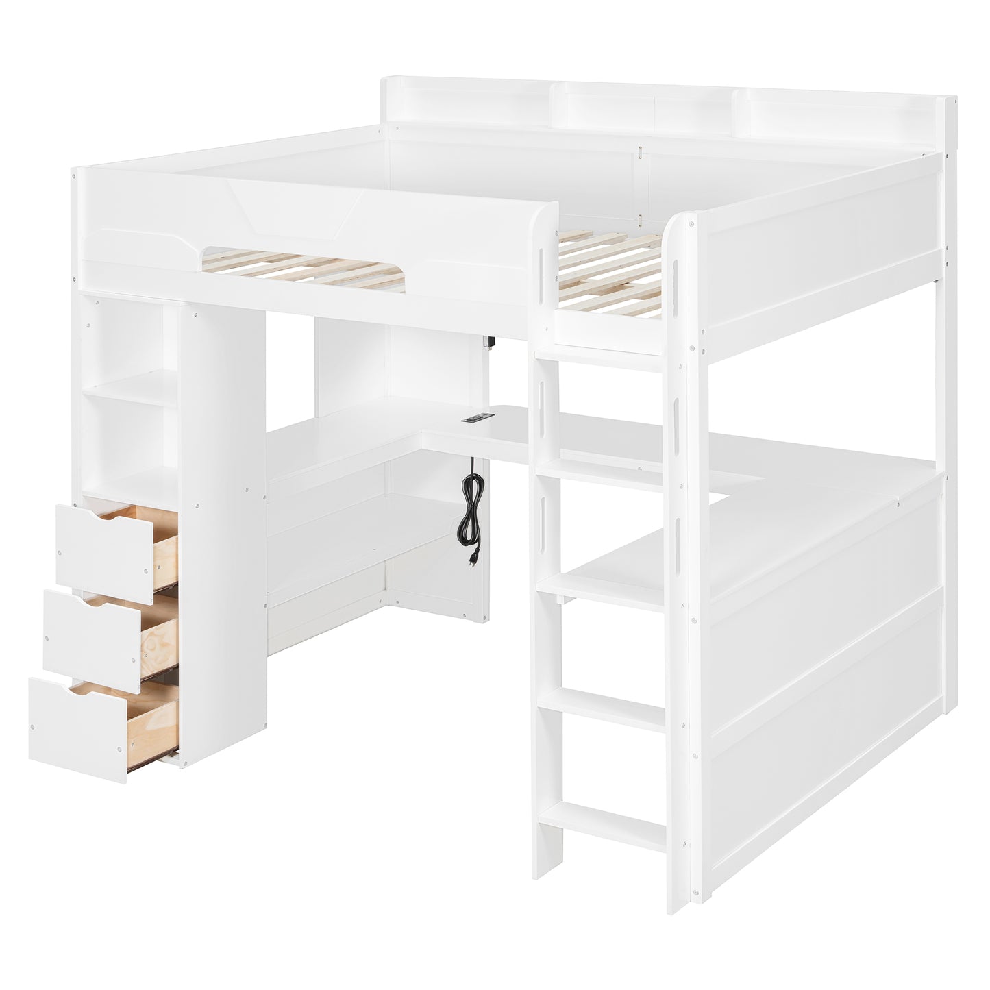 Full Size Wooden Gaming Loft Bed with U-Shaped Desk, Smart RGB LED Lights and USB Ports, Multi-Functional High Sleeper with 3 Drawers and Storage Shelves for Teens Adults, White image 6