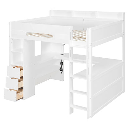 Full Size Wooden Gaming Loft Bed with U-Shaped Desk, Smart RGB LED Lights and USB Ports, Multi-Functional High Sleeper with 3 Drawers and Storage Shelves for Teens Adults, White image 6