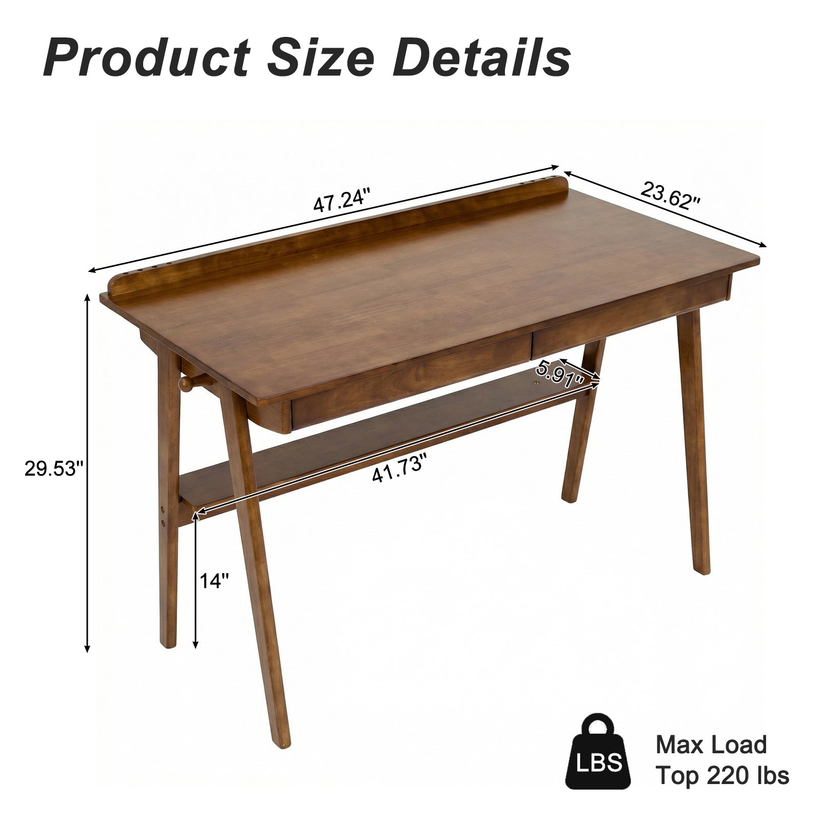Solid Wood Writing Desk, Home Office Desk for Small Spaces, Mid Century Modern Desks with 2 Drawers & Storage Shelf, Standing Desk with Side Hooks for Study, Bedroom, Office (Walnut) image 12