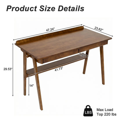 Solid Wood Writing Desk, Home Office Desk for Small Spaces, Mid Century Modern Desks with 2 Drawers & Storage Shelf, Standing Desk with Side Hooks for Study, Bedroom, Office (Walnut) image 12