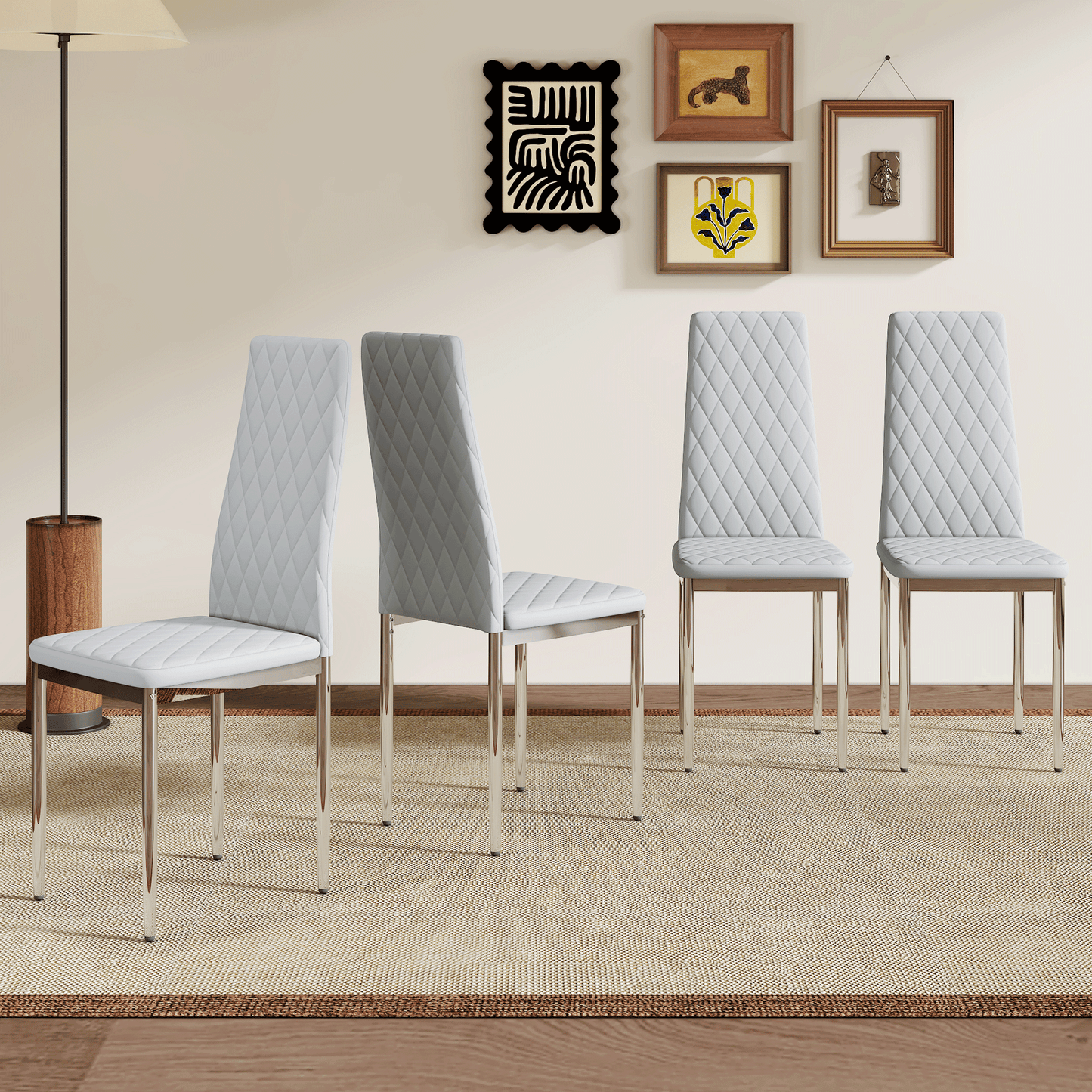 Modern Style Dining Chairs Set of 4 in Light Gray, Essential for Minimalist Homes.Meeting Family Dining Needs,PU Material Seat,Silver Metal Legs,Blending into Various Home Environments.W1151107274 image 2