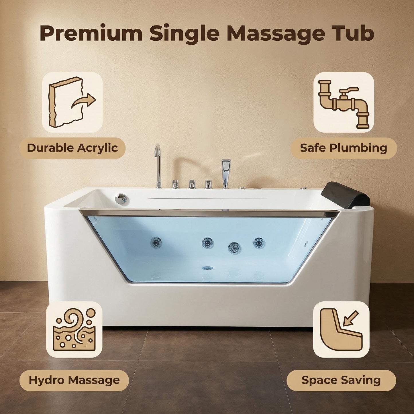 67" Whirlpool Bathtub,Hydrotherapy Jetted Bathtub with Glass Panel, 7 Jets,3-Side Apron,89 Gallons,White image 3