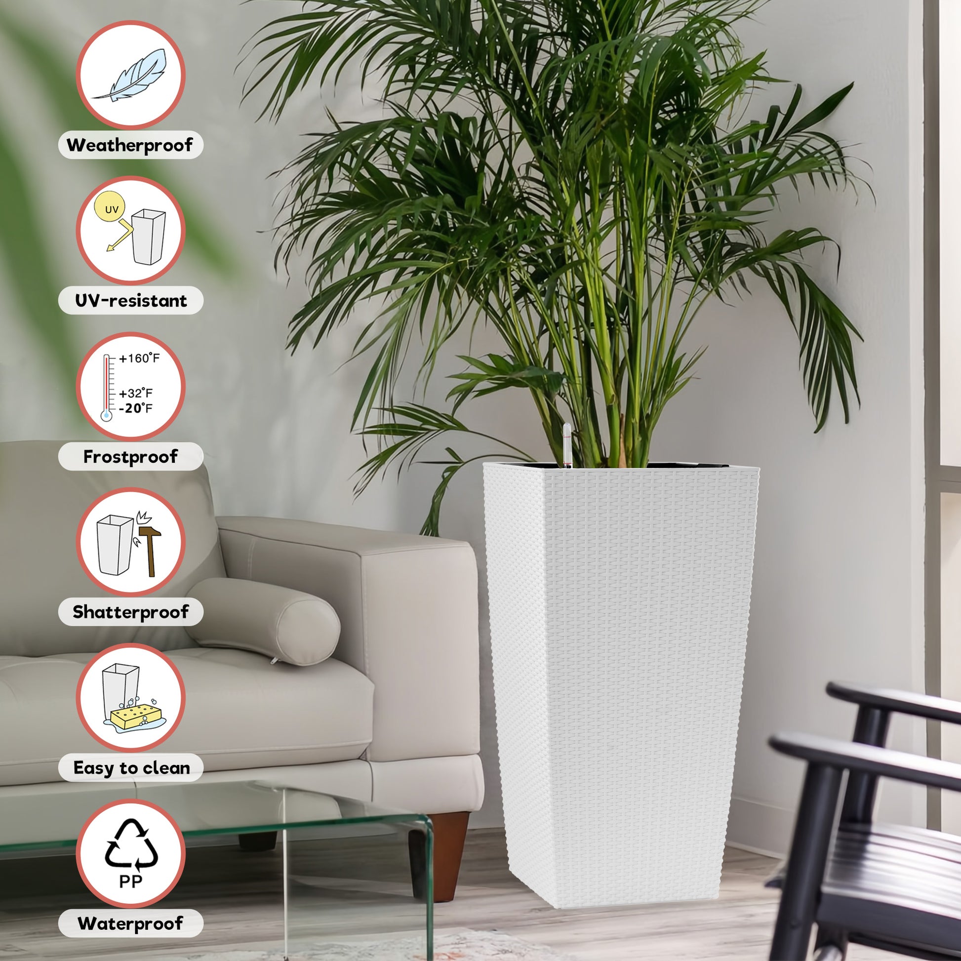 30 in Tall Large Flower Pots Planter with Self-Watering Drainage Holes&Inner Trays Indoor Outdoor Plant Pot with Drain Holes, Water Level Monitor, Inner Bucket for Garden, Patio, Porch, Backyard,White image 8
