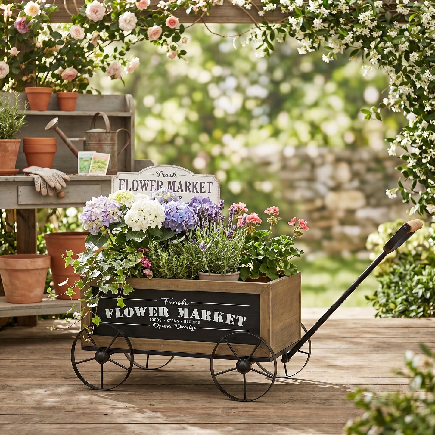 16.5x9.5x8" Rustic Wooden Wagon Planter with Black Iron Wheels and Handle image 7