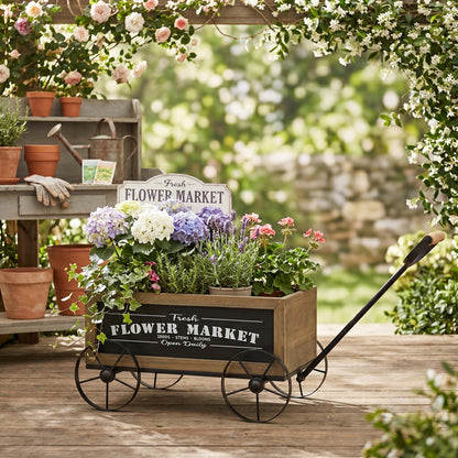 16.5x9.5x8" Rustic Wooden Wagon Planter with Black Iron Wheels and Handle image 7