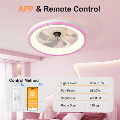 23.6" Modern RGB Ceiling Fan with Lights, Flush Mount Low Profile Fan with Remote & APP, 6-Speed Reversible Silent DC Motor, Dimmable 3000-6500K LED for Bedroom, White image 9