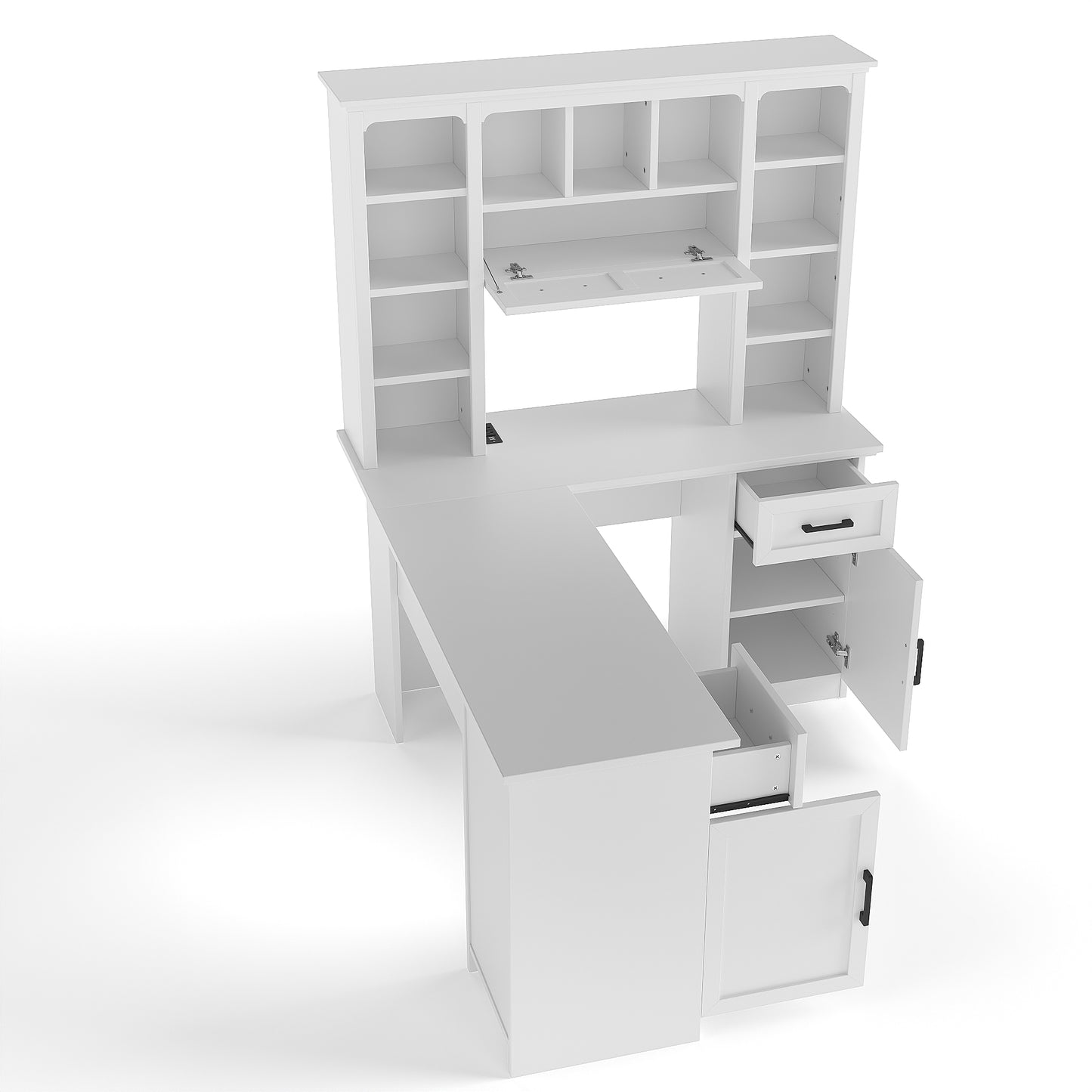 L-Shaped Computer Desk with 2 Cabinets and 2 Drawers, 11 Open Shelves and 1 Right Flip Shelf with Storage, with Power Outlet, for Study, Living Room and Office, White image 9