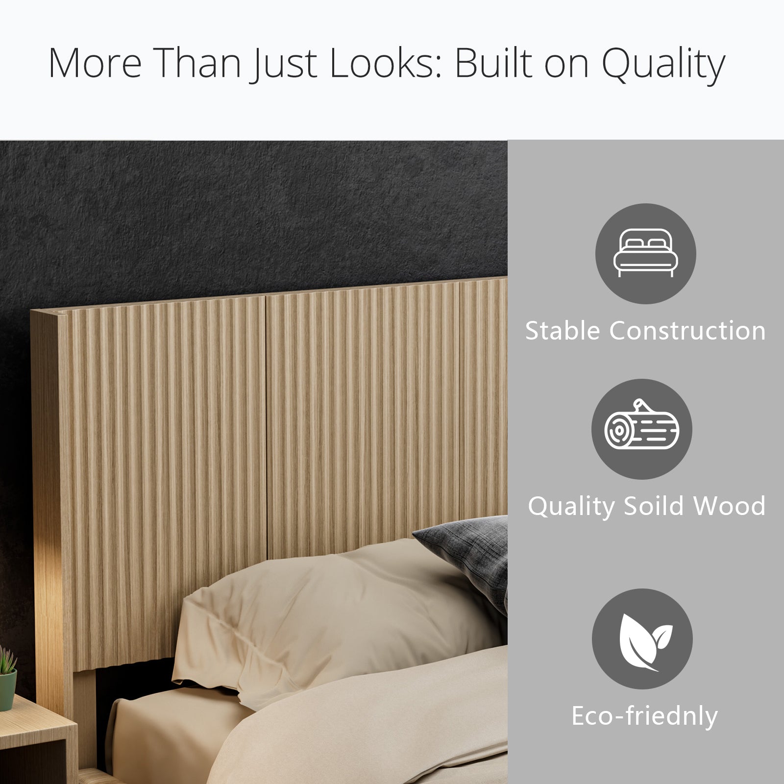 Modern Farmhouse Wood Headboard King Size 80.2 in Wide Wall Mounted Fluted Panel Wingback - Natural oak image 8