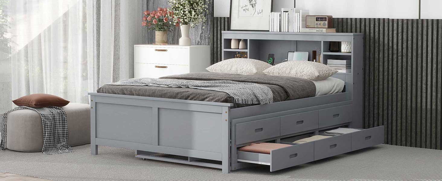 Full Size Platform Bed with Storage Headboard, USB, Twin Size Trundle and 3 Drawers, Gray image 6