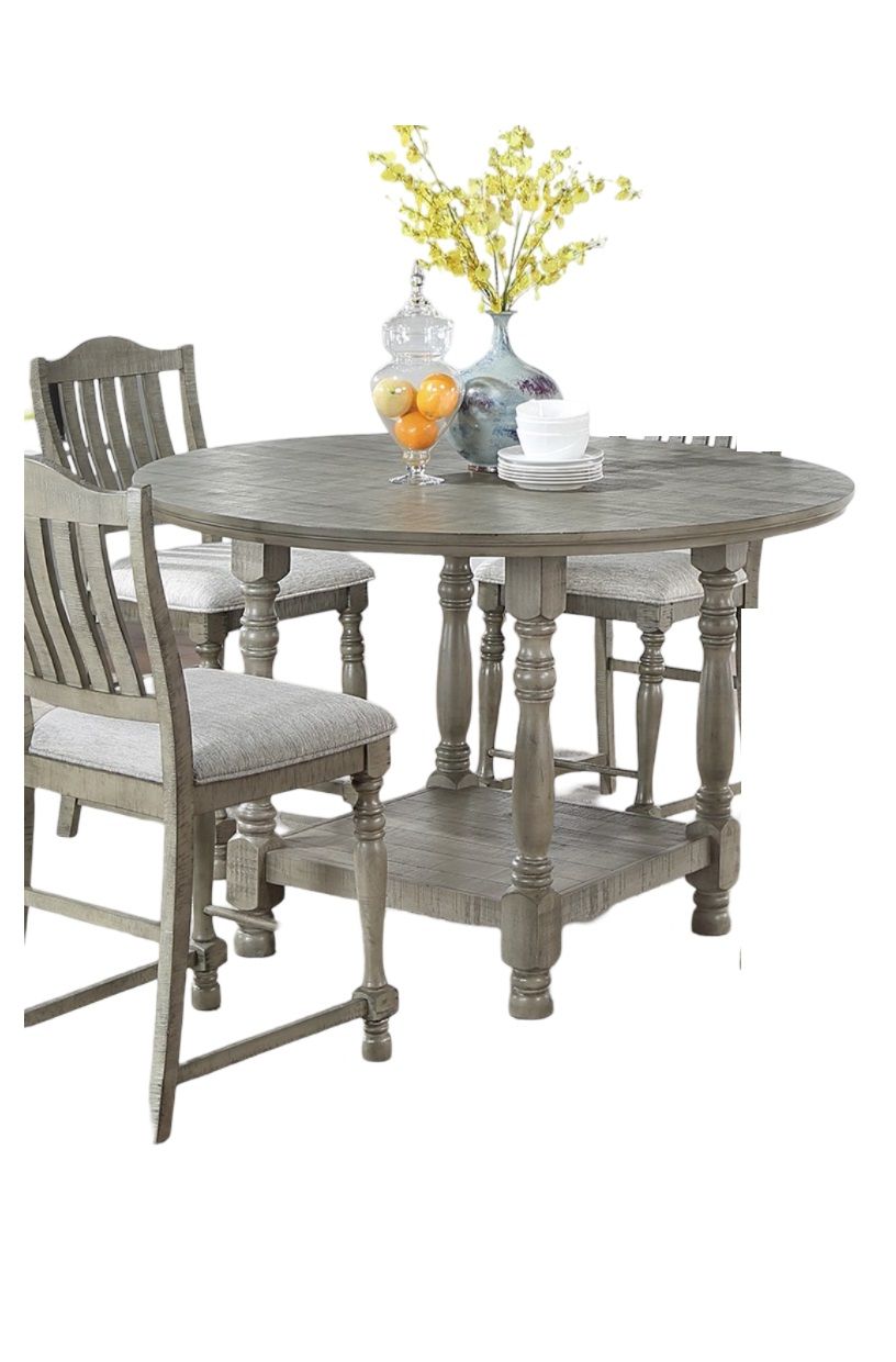 Dining Table 4x High Chairs 5pcs Counter Height Dining Set Light Grey Finish Dining Room Furniture Plush Upholstered Fab image 11