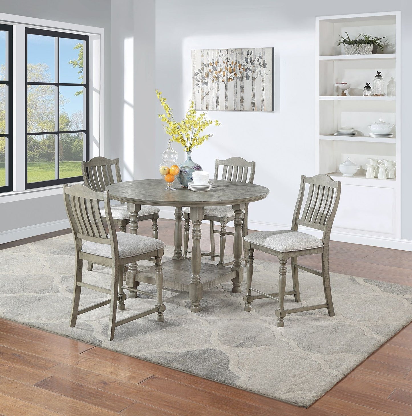 Dining Table 4x High Chairs 5pcs Counter Height Dining Set Light Grey Finish Dining Room Furniture Plush Upholstered Fab image 7